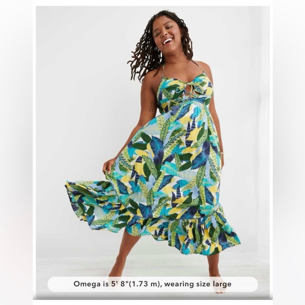 Aerie halter neck tropical maxi dress sz M
